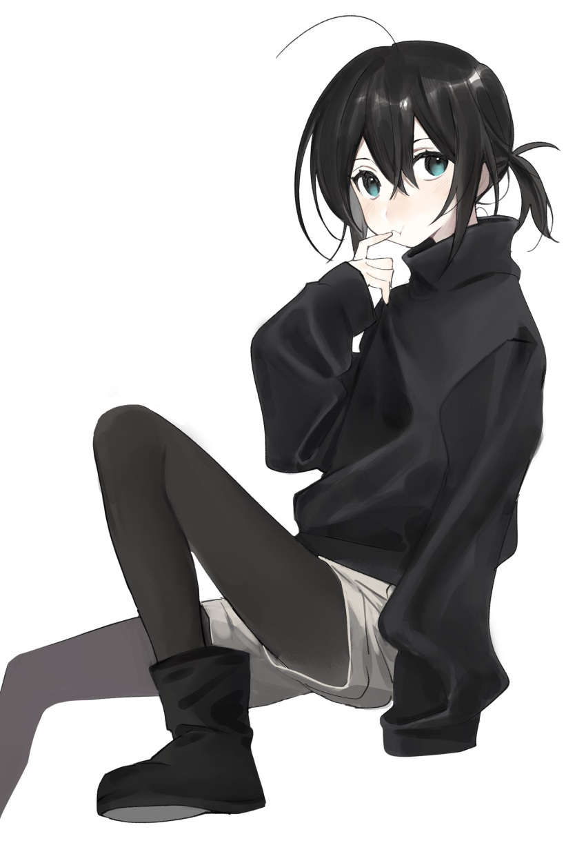 1girl ahoge black_footwear black_hair black_pantyhose black_sweater blue_eyes boots hair_between_eyes hand_to_own_mouth hand_up high_collar highres knee_up long_sleeves original pantyhose ponytail shorts simple_background sleeves_past_wrists solo sweater white_background xxxsoiu1