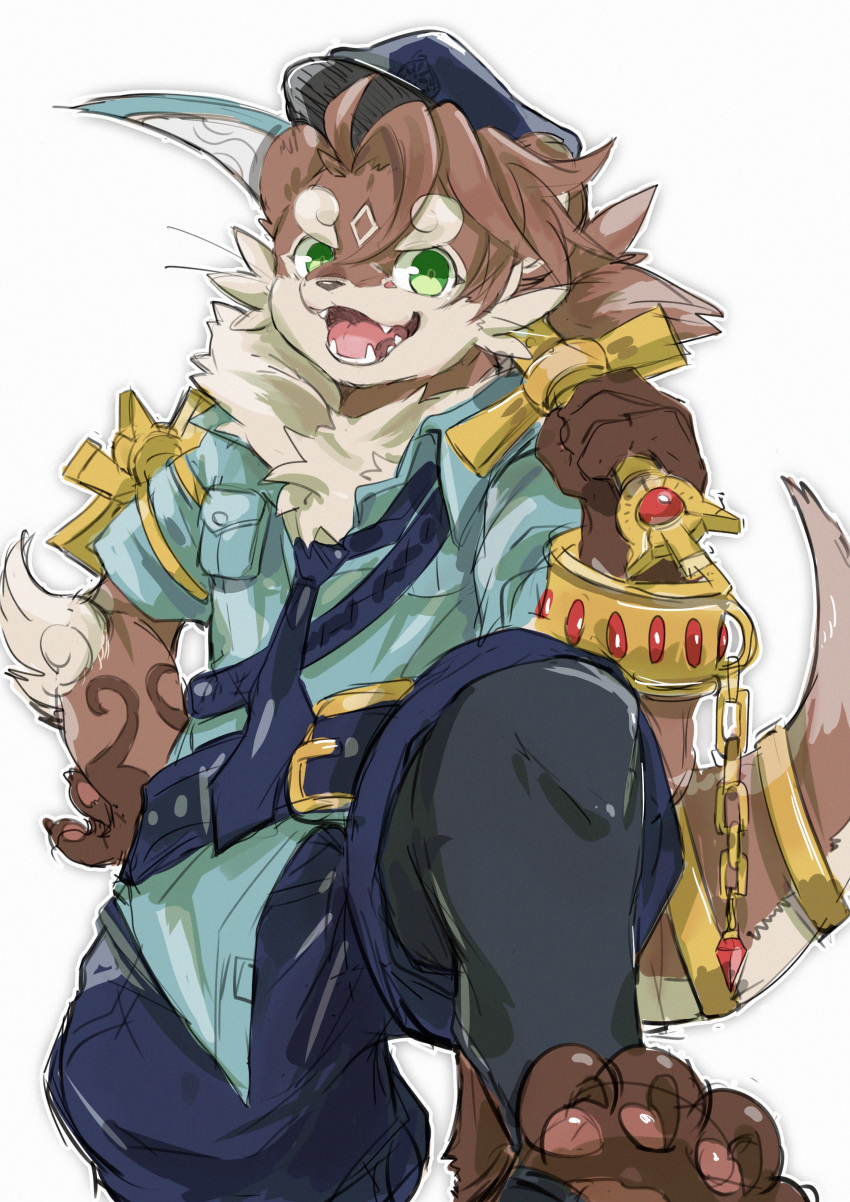 1boy absurdres animal_ears ao_gravity barefoot claws commentary fangs furry furry_male gold green_eyes hand_on_own_hip highres holding_sickle jewelry looking_at_viewer male_focus open_mouth otter_(housamo) otter_boy otter_ears otter_tail pawpads police police_uniform tail tokyo_afterschool_summoners uniform white_background