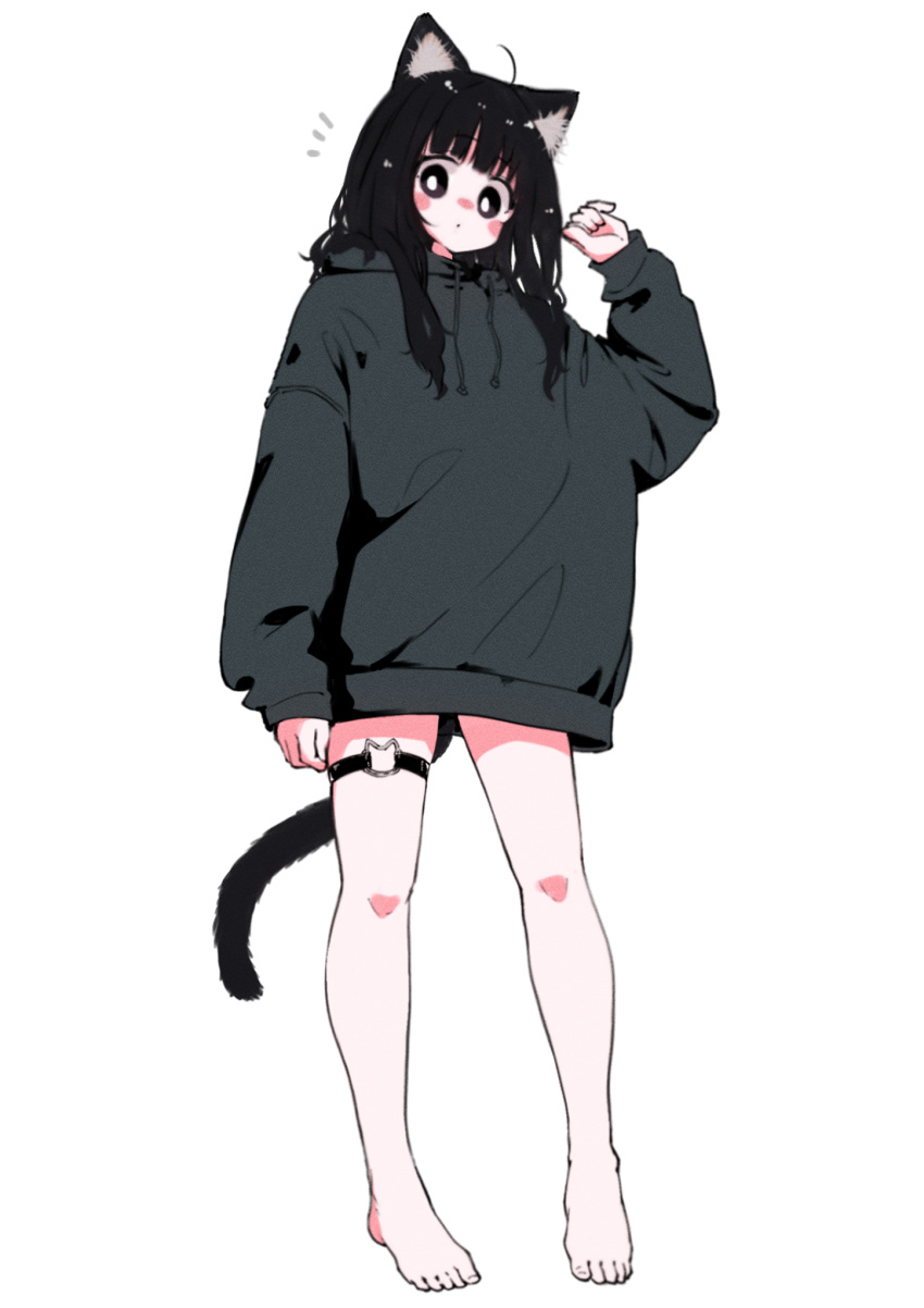 1girl animal_ear_fluff animal_ears arm_up bare_legs barefoot black_eyes black_hair blush blush_stickers bright_pupils cat_ears cat_girl cat_tail cat_thigh_strap dot_mouth full_body grey_hoodie highres hood hoodie legs looking_at_viewer megateru nose_blush notice_lines original solo surprised tail thigh_strap white_background white_pupils