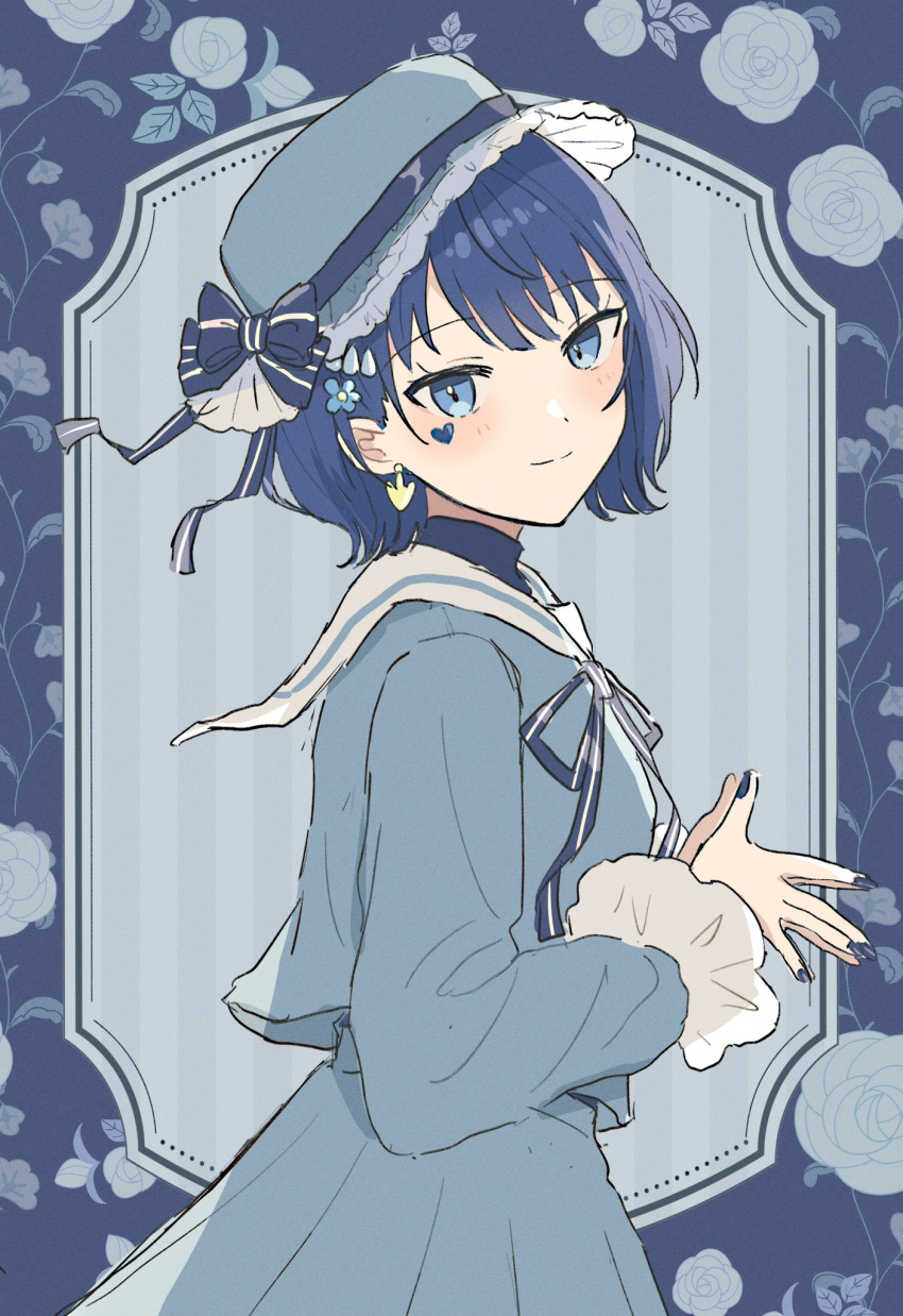 1girl blue_background blue_bow blue_eyes blue_hair blue_headwear blue_nails blue_ribbon blue_shirt blue_skirt blue_theme bow closed_mouth earrings frilled_hat frills from_side hat hat_bow heart highres jewelry kiritani_haruka long_sleeves looking_at_viewer neck_ribbon project_sekai ribbon sailor_collar seijyohu shirt short_hair skirt smile solo upper_body white_sailor_collar