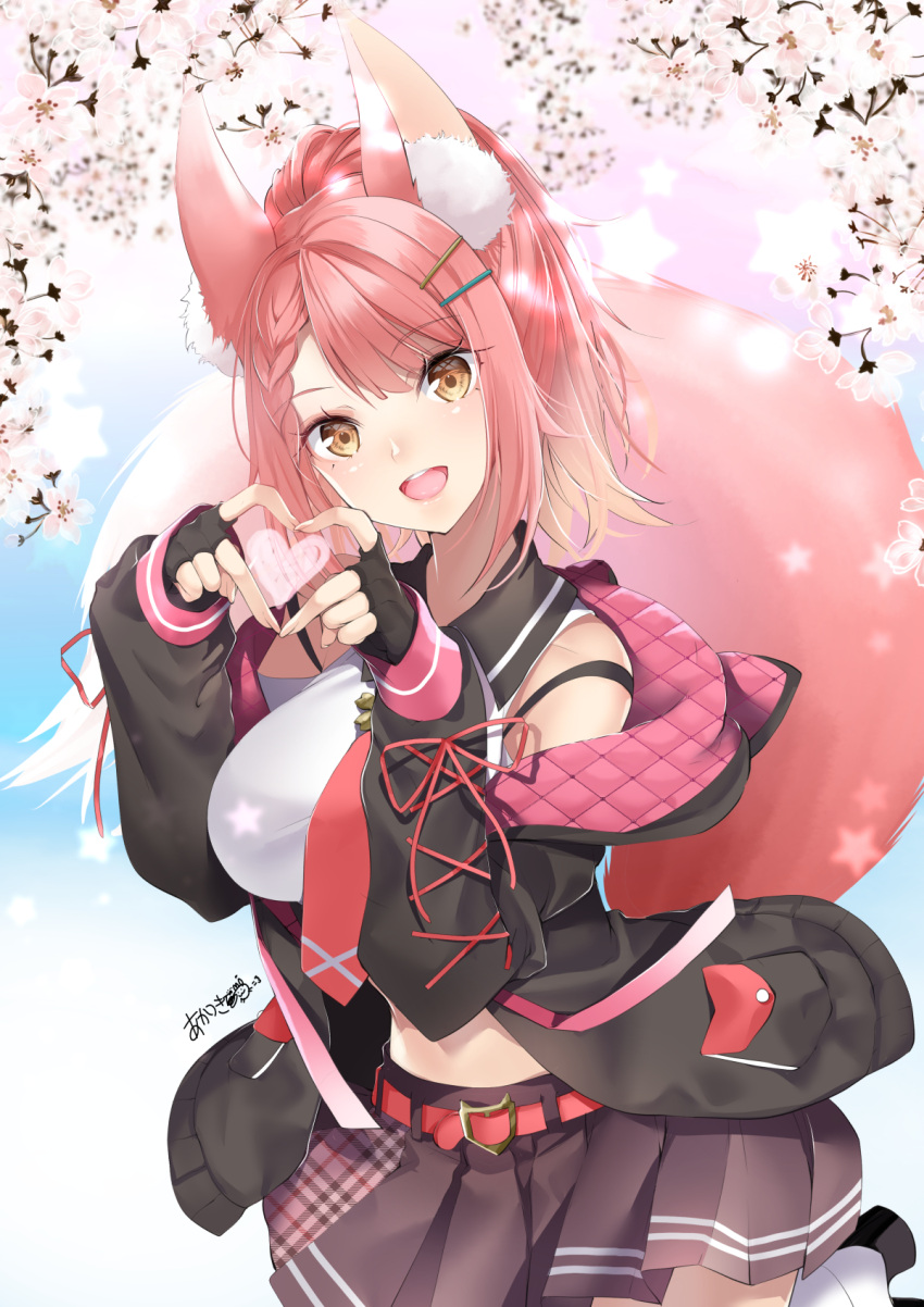 1girl :d akatsuki_hijiri animal_ear_fluff animal_ear_hood animal_ears belt black_gloves black_hoodie blue_background blush braid breasts brown_eyes brown_skirt cherry_blossoms commentary_request commission cowboy_shot eyelashes fingerless_gloves fox_ears fox_girl fox_tail gloves gradient_background hair_ornament hairclip hands_up happy heart heart_hands highres hood hood_down hoodie large_breasts looking_at_viewer medium_hair miniskirt necktie open_clothes open_hoodie open_mouth pleated_skirt propro_production red_belt red_necktie sakuya_azusa short_ponytail side_braid signature simple_background skeb_commission skirt sleeves_past_wrists smile solo standing star_(symbol) tail tail_raised teeth upper_teeth_only virtual_youtuber white_background