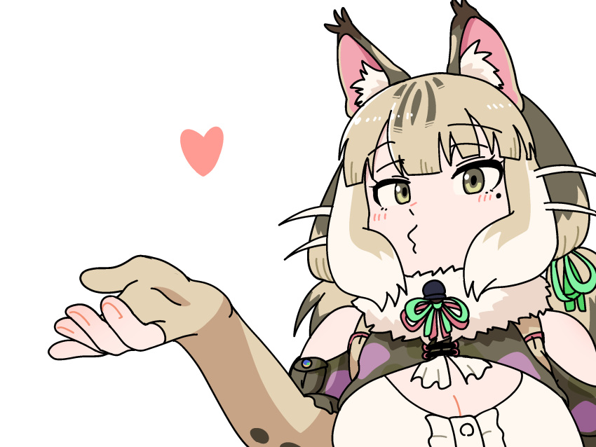 1girl animal_ears bare_shoulders blowing_kiss camouflage cat_ears cat_girl cat_tail elbow_gloves extra_ears fingerless_gloves gloves green_eyes grey_hair heart highres jacket jungle_cat_(kemono_friends) kemono_friends kemono_friends_v_project long_hair looking_at_viewer mcgunngu microphone parody ribbon shirt simple_background solo sousou_no_frieren tail twintails upper_body virtual_youtuber