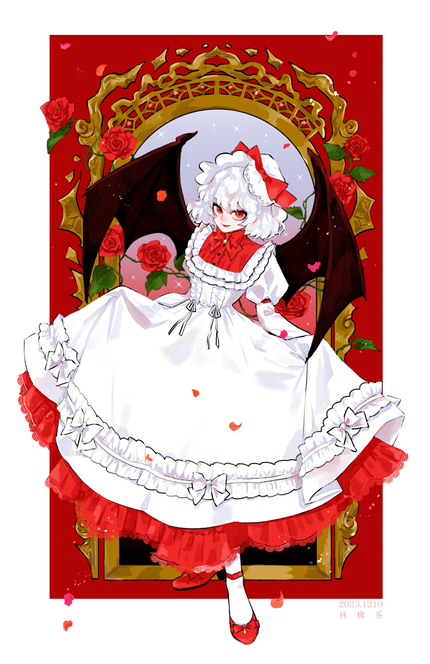 1girl absurdres adapted_costume alternate_hair_color bat_wings bow commentary_request dated dress fang flower frills full_body hat hat_bow highres juliet_sleeves long_sleeves looking_at_viewer medium_hair mob_cap open_mouth puffy_sleeves red_eyes red_flower red_footwear red_rose remilia_scarlet ringocha rose shoes skirt_hold smile socks solo thorns touhou white_dress white_hair white_headwear white_socks wings