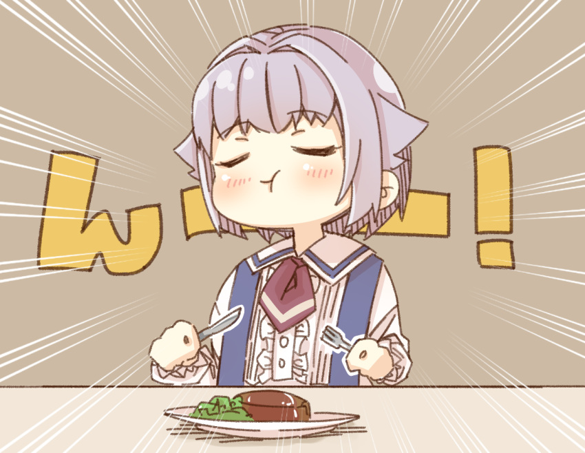 1girl blush brown_background center_frills closed_eyes closed_mouth collared_shirt commentary_request eating emphasis_lines facing_viewer food fork frilled_sleeves frills grey_hair hair_flaps hair_intakes holding holding_fork holding_knife idolmaster idolmaster_cinderella_girls idolmaster_cinderella_girls_starlight_stage knife koshimizu_sachiko long_sleeves plate puffy_long_sleeves puffy_sleeves shirt simple_background solo suspenders translation_request upper_body white_shirt yukie_(kusaka_shi)