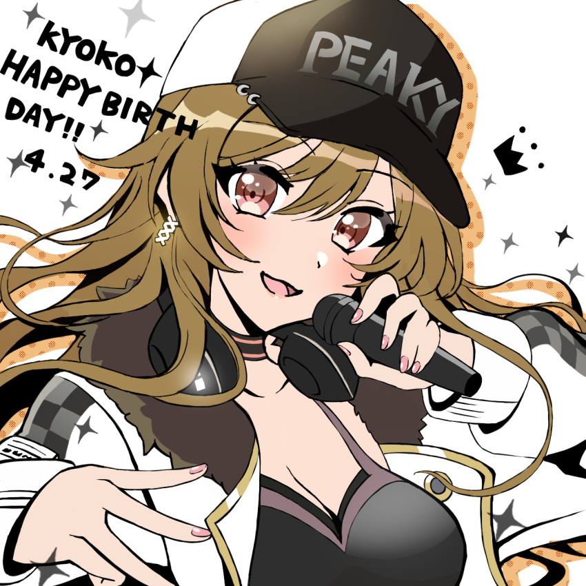 1girl bakkanda baseball_cap black_shirt brown_eyes brown_hair character_name crown d4dj dated fur-trimmed_jacket fur_trim grey_background happy_birthday hat headphones headphones_around_neck highres holding holding_microphone jacket long_sleeves microphone open_mouth pink_nails shirt smile solo sparkle tank_top white_jacket yamate_kyouko