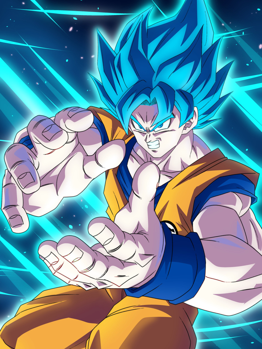 1boy absurdres blue_eyes blue_hair clenched_teeth collarbone commentary commentary_request dougi dragon_ball highres mixed-language_commentary muscular muscular_male pants pectorals solo son_goku super_saiyan super_saiyan_blue teeth tomatojuice411