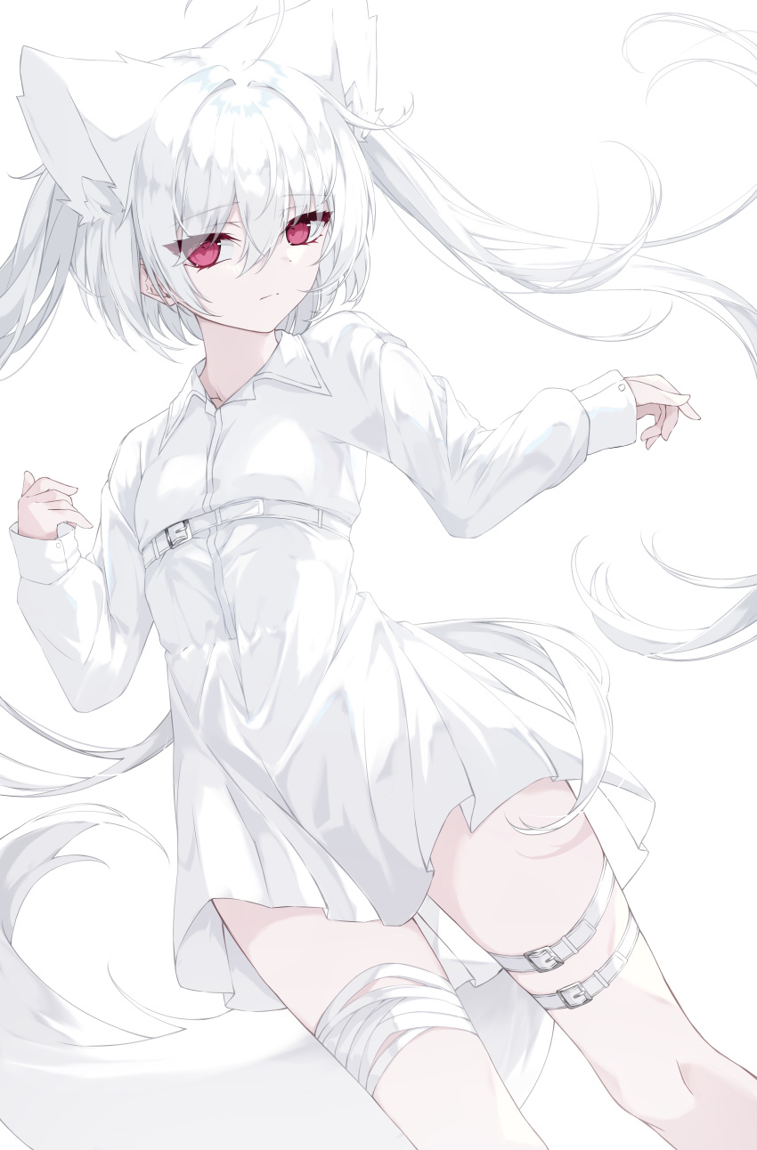 1girl absurdres ahoge animal_ears belt chest_belt collared_dress dress expressionless highres original pink_eyes pleated_dress simple_background solo sumishi_(sumisi_3) tail thigh_belt thigh_strap twintails white_background white_dress white_hair