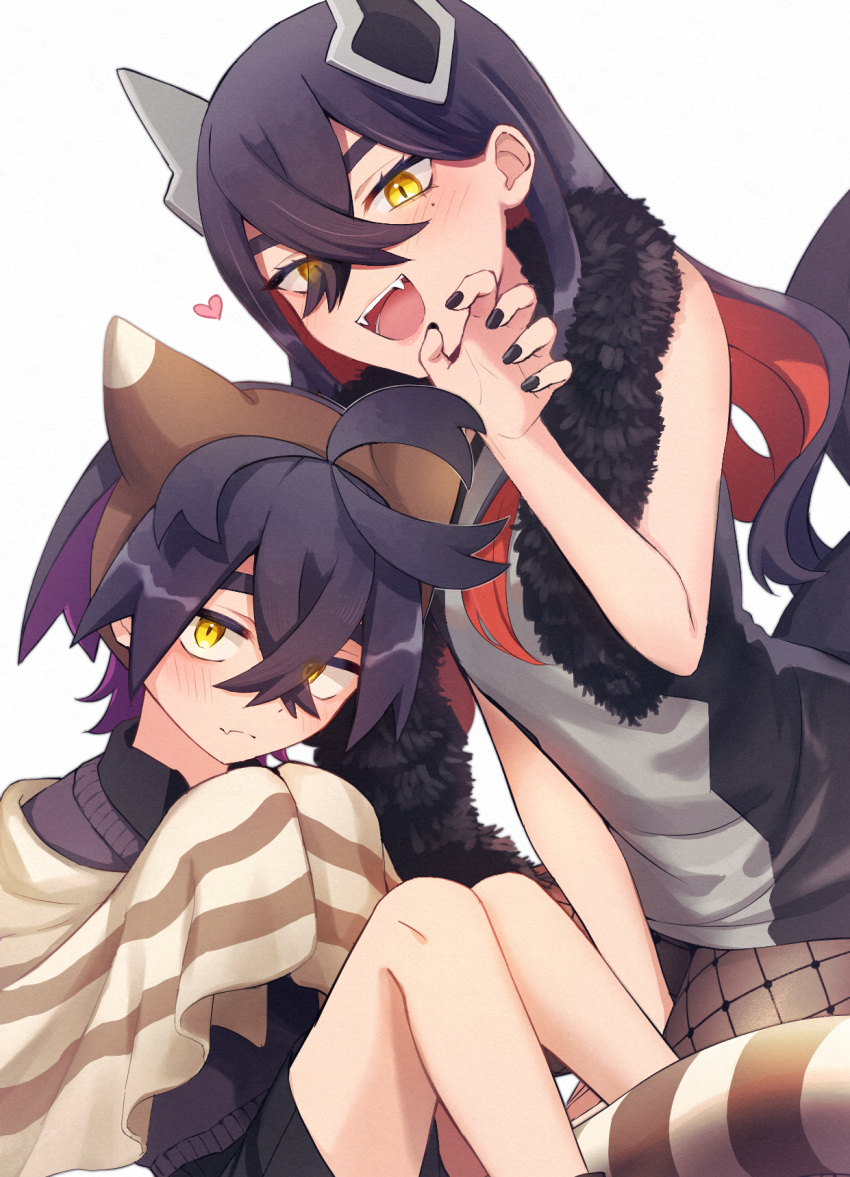 1boy 1girl :d ahoge alternate_costume black_hair black_nails black_shorts blush brother_and_sister brown_hairband carmine_(pokemon) closed_mouth colored_inner_hair commentary_request crossed_bangs eyelashes fang hair_between_eyes hairband hand_up heart highres kieran_(pokemon) knees long_hair mitorizu_02 multicolored_hair nail_polish open_mouth pokemon pokemon_ears pokemon_sv pokemon_tail short_hair shorts siblings skin_fang smile tail teeth tongue yellow_eyes