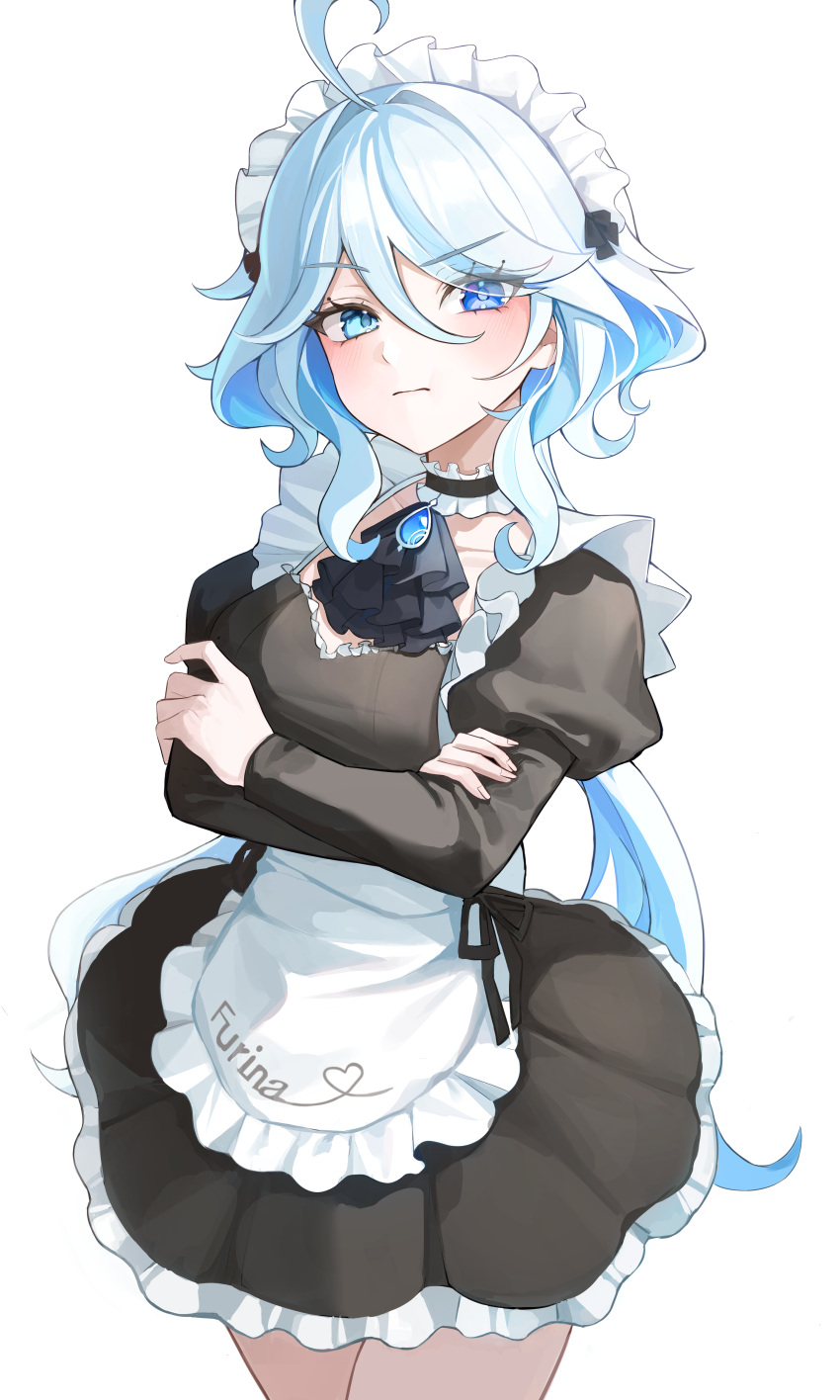 1girl absurdres ahoge alternate_costume apron ascot black_ascot black_choker black_dress blue_eyes blue_hair blush character_name choker closed_mouth commentary crossed_arms dress enmaided frilled_apron frills furina_(genshin_impact) genshin_impact hair_between_eyes heterochromia highres long_hair long_sleeves looking_at_viewer maid maid_apron maid_headdress puffy_long_sleeves puffy_sleeves simple_background solo thighs white_background youwon0417