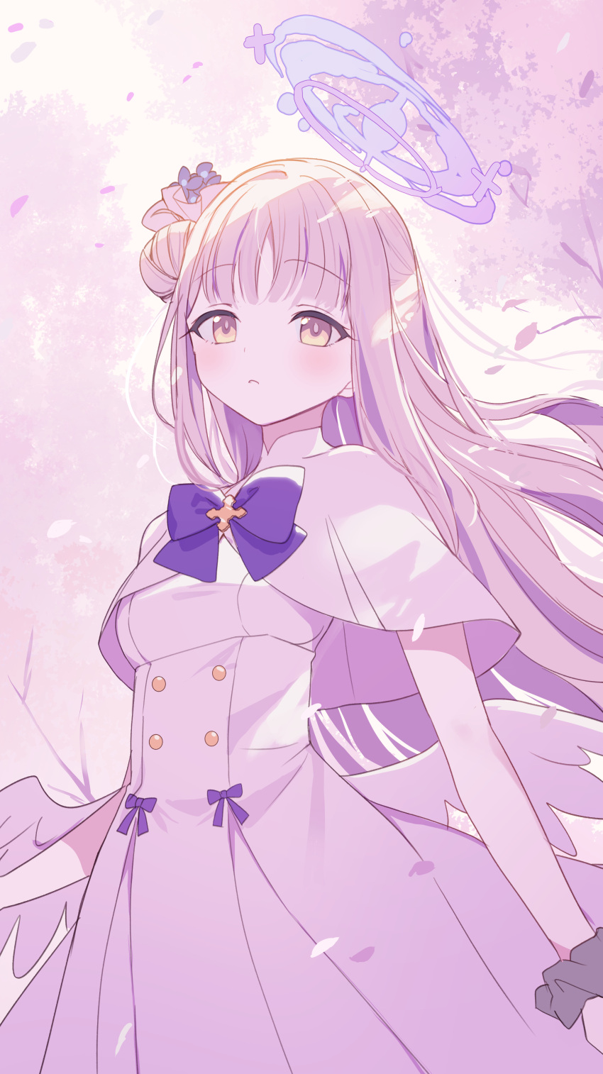 1girl absurdres angel_wings blue_archive blush capelet closed_mouth double_bun dress feathered_wings flower hair_bun hair_flower hair_ornament halo highres long_hair looking_at_viewer mika_(blue_archive) pink_hair purple_flower purple_halo single_side_bun solo ume_(plumblossom) white_capelet white_dress white_wings wings yellow_eyes