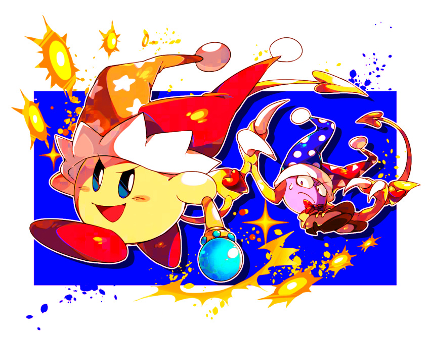 1boy 1other beam_kirby blue_background blue_eyes blue_headwear blush_stickers boots border bow bowtie brown_footwear claws closed_mouth colored_skin commentary_request copy_ability frown fur-trimmed_headwear fur_trim hat heart holding holding_wand jester_cap kirby kirby_(series) looking_at_another magic marx_(kirby) no_humans open_mouth orange_headwear petals polka_dot_headwear pom_pom_(clothes) purple_skin red_bow red_bowtie red_footwear red_headwear shadow shirushiki shoes smile star_(symbol) star_print sweatdrop traditional_bowtie triangle_print two-tone_background two-tone_headwear v-shaped_eyebrows violet_eyes wand white_background white_border yellow_skin yellow_wings