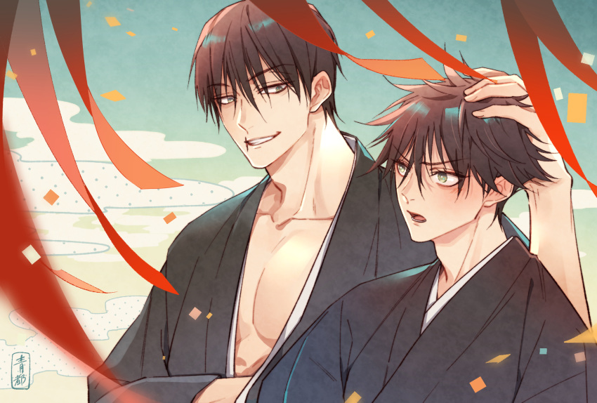 2496oyakodon 2boys age_difference bare_pectorals black_hair black_kimono blush confetti eye_contact father_and_son fushiguro_megumi fushiguro_touji green_eyes grin hand_on_another's_head hand_under_clothes highres japanese_clothes jujutsu_kaisen kimono looking_at_another male_focus mature_male multiple_boys open_mouth pectorals scar scar_on_face scar_on_mouth short_hair size_difference smile streamers toned toned_male upper_body yukata