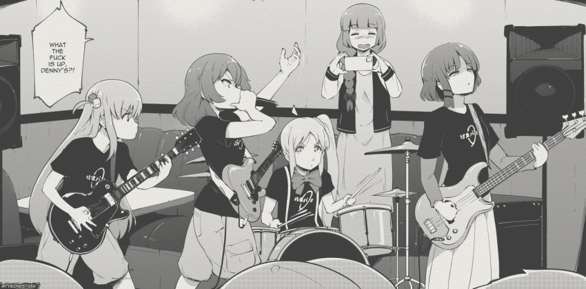 5girls ahoge amplifier bocchi_the_rock! braid cellphone closed_mouth cube_hair_ornament drumsticks electric_guitar english_text fang gotoh_hitori guitar hair_ornament hairclip hiroi_kikuri holding holding_drumsticks holding_instrument holding_plectrum ijichi_nijika instrument kita_ikuyo long_hair looking_at_another multiple_girls music open_mouth phone playing_instrument plectrum profanity short_hair side_ponytail single_braid smartphone speech_bubble subwoofer tyrone yamada_ryo