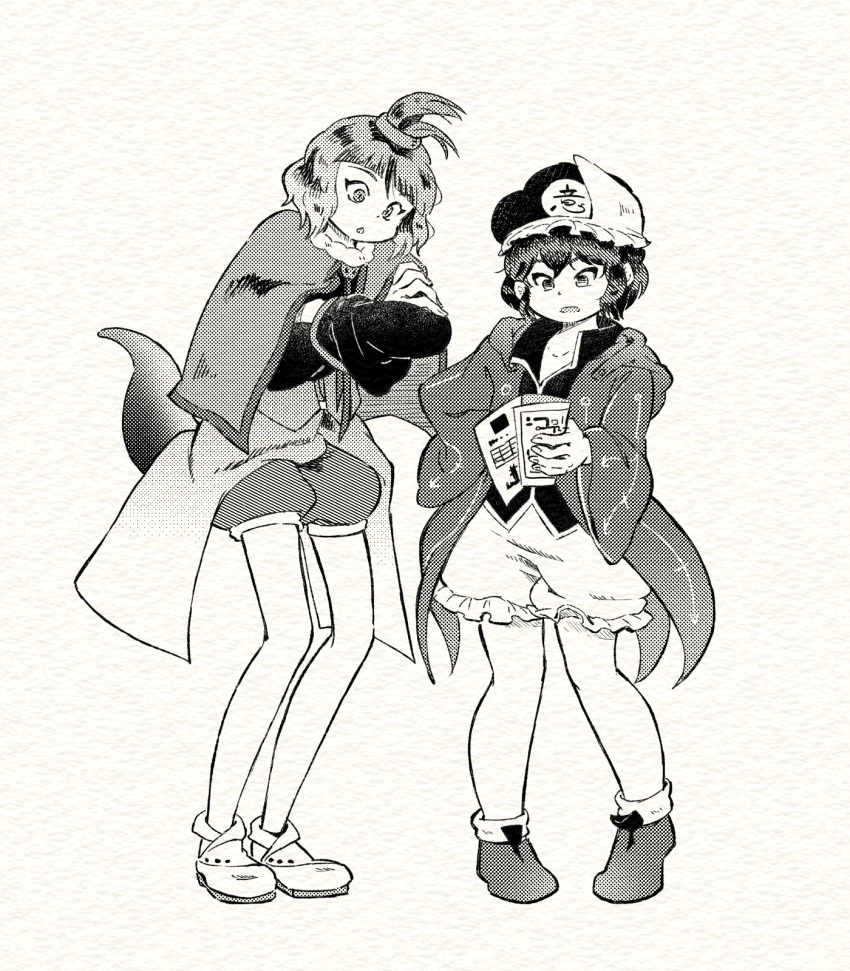 2others adagumo_no_saragimaru androgynous capelet chikafumikou coat collared_shirt commentary_request crossed_arms frilled_shorts frills greyscale hand_hair height_difference highres len'en long_sleeves monochrome multiple_others open_clothes open_coat open_collar open_mouth other_focus puffy_shorts shirt shitodo_kuroji short_hair shorts snake_tail tail