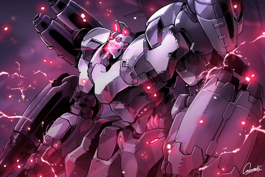 absurdres armored_core armored_core_6 cosmo-5 cowboy_shot embers extra_eyes glowing glowing_eye gun highres mecha mecha_focus no_humans red_eyes robot rocket_launcher science_fiction sol_644 standing weapon