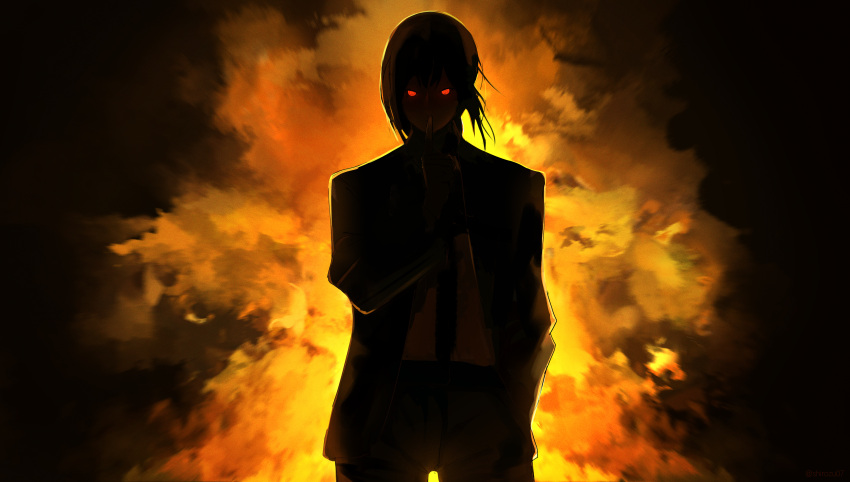 1girl absurdres black_necktie black_pants business_suit chainsaw_man collared_shirt facing_viewer finger_to_mouth formal hand_up highres index_finger_raised kikiis_art looking_at_viewer makima_(chainsaw_man) necktie office_lady pants red_eyes ringed_eyes shirt shirt_tucked_in solo suit
