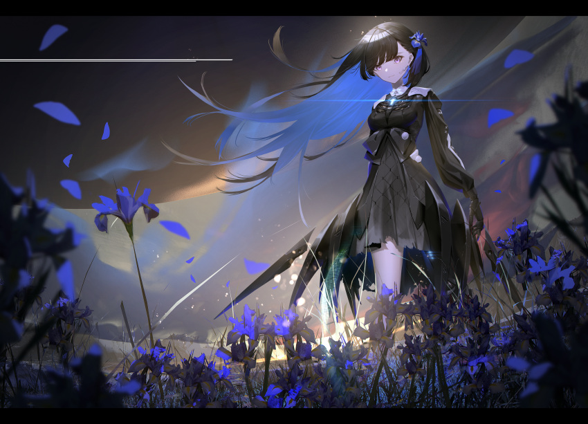 1girl absurdres armor armored_dress black_bow black_dress black_hair blue_flower blue_hair blue_petals bow clouds colored_inner_hair dangle_earrings dress dress_bow earrings falling_petals feet_out_of_frame field flower flower_field flying_teardrops hair_flower hair_ornament highres iris_(flower) jewelry joints ka11_ca letterboxed light_particles long_hair looking_at_viewer mechanical_arms mechanical_legs mountain mountainous_horizon multicolored_hair petals punishing:_gray_raven robot_joints selena:_tempest_(punishing:_gray_raven) selena_(punishing:_gray_raven) single_bare_leg single_earring single_mechanical_leg sky solo standing sunrise tears torn_clothes torn_dress violet_eyes