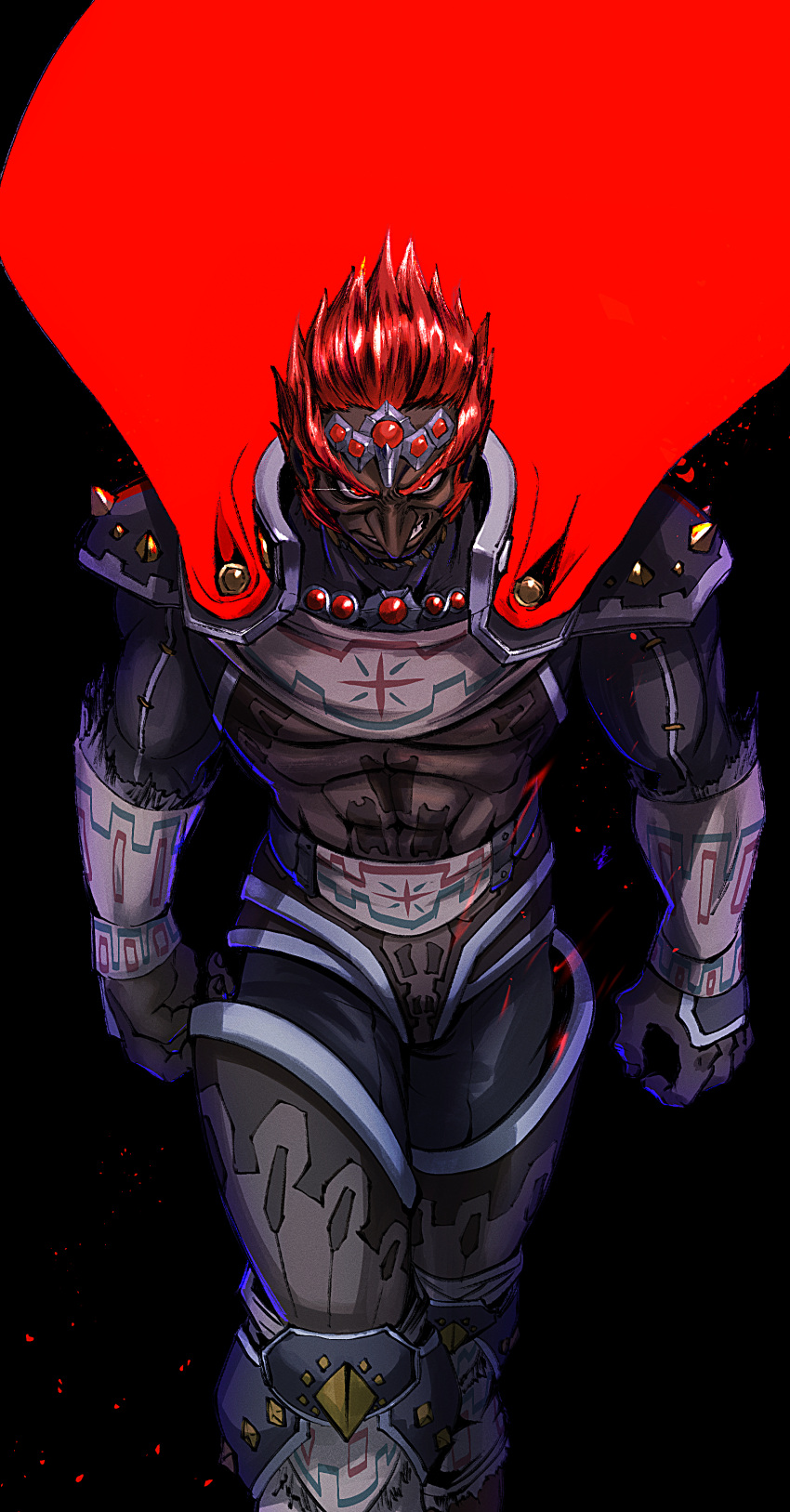 1boy abs absurdres armor black_background cape commentary_request dark-skinned_male dark_skin feet_out_of_frame full_body ganondorf gerudo grin highres looking_at_viewer male_focus red_cape red_eyes redhead short_hair shoulder_armor simple_background smile solo teeth the_legend_of_zelda the_legend_of_zelda:_ocarina_of_time walking yuuri_(fukuroudou)