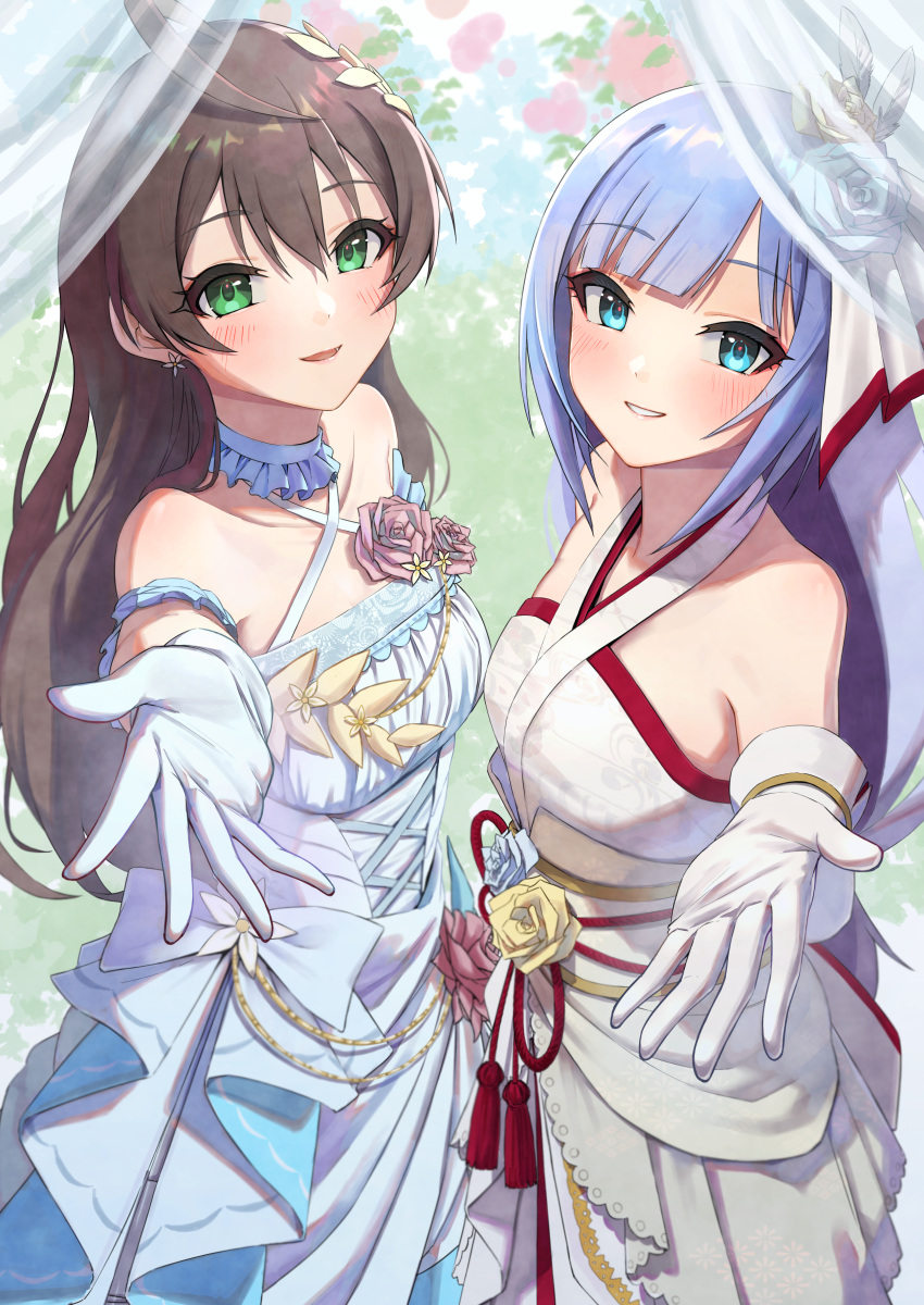 2girls absurdres ahoge bare_shoulders blue_eyes blue_hair blush breasts bride brown_hair commentary_request dress earrings floral_background flower gloves green_eyes hair_down hair_flower hair_ornament halterneck highres idolmaster idolmaster_million_live! idolmaster_million_live!_theater_days jewelry kaiso_(kaisooekaki) light_blue_hair long_hair looking_at_viewer low-tied_long_hair medium_breasts multiple_girls official_alternate_costume official_alternate_hairstyle outstretched_arms parted_lips reaching reaching_towards_viewer sakuramori_kaori shiraishi_tsumugi smile very_long_hair wedding wedding_dress white_dress white_gloves wife_and_wife