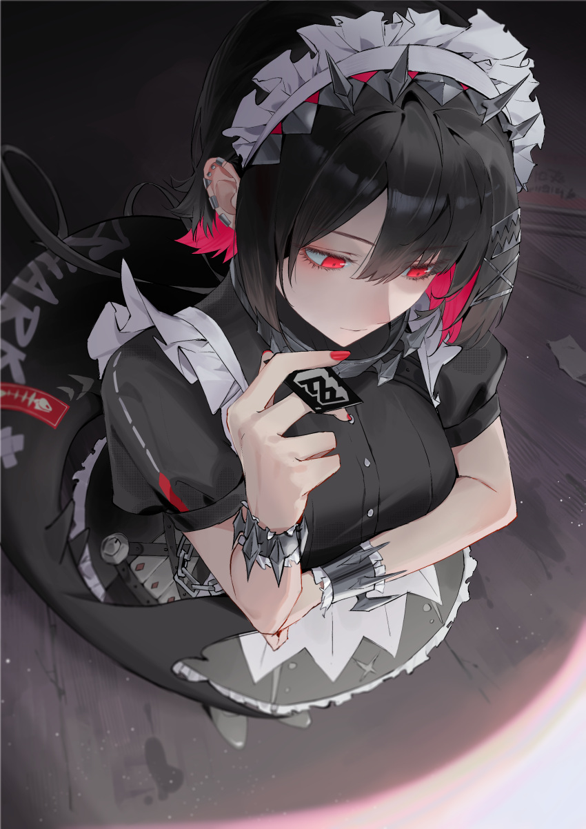 1girl absurdres black_dress black_hair breasts card closed_mouth colored_inner_hair commentary_request dress ellen_joe fins fish_tail frilled_dress frills from_above gmirror1 hair_ornament highres holding holding_card maid maid_headdress multicolored_hair puffy_short_sleeves puffy_sleeves red_eyes red_nails redhead shark_girl shark_tail shoes short_hair short_sleeves solo tail zenless_zone_zero