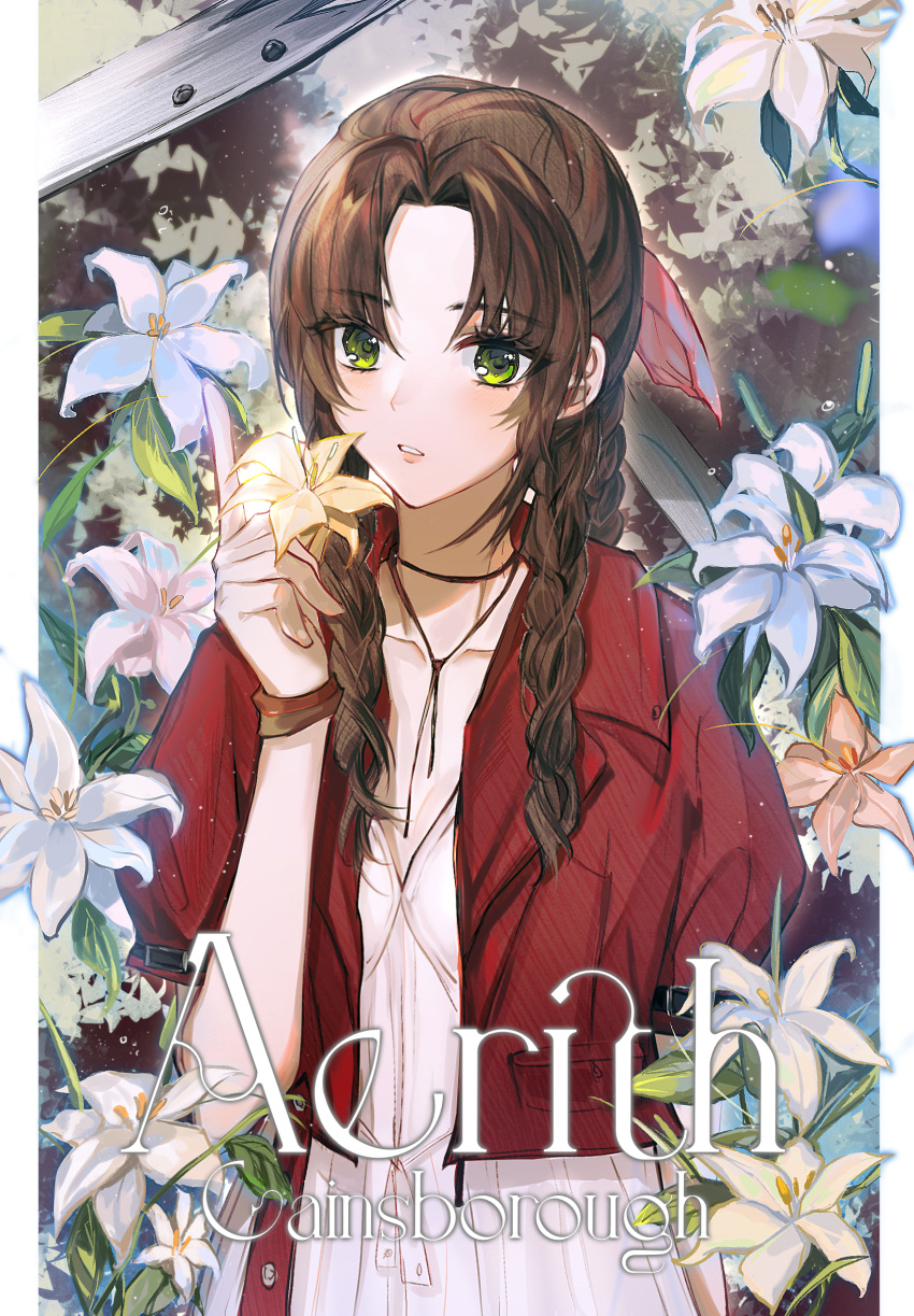 1girl aerith_gainsborough blue_flower braid braided_ponytail brown_hair character_name commentary cropped_jacket dress english_commentary final_fantasy final_fantasy_vii final_fantasy_vii_remake flower forehead green_eyes hair_ribbon highres holding holding_flower index_finger_raised jacket kkkovo long_hair looking_at_viewer open_clothes open_jacket parted_bangs pillarboxed pink_dress pink_ribbon red_jacket ribbon short_sleeves sidelocks solo wavy_hair yellow_flower