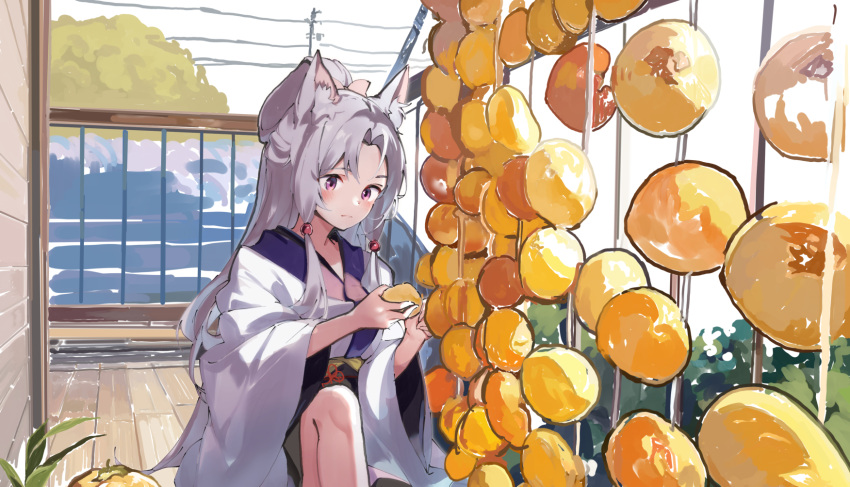 1girl animal_ear_fluff animal_ears blush bow closed_mouth commentary_request day food food_request full_body grey_hair hair_bow highres holding holding_food japanese_clothes kimono lamb_(hitsujiniku) long_sleeves obi outdoors parted_bangs pink_bow power_lines railing sash solo touhoku_itako utility_pole violet_eyes voiceroid white_kimono wide_sleeves