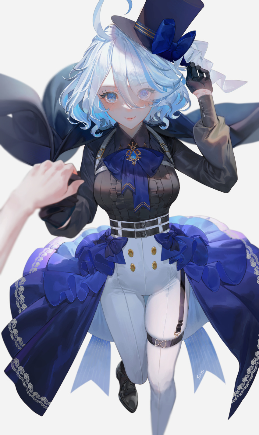 1girl absurdres adjusting_clothes adjusting_headwear alternate_costume artist_name belt black_belt black_cape black_gloves black_headwear black_shirt blue_bow blue_brooch blue_gemstone blue_hair blue_skirt bow breasts cape chest_harness collared_shirt commentary cowlick drop-shaped_pupils english_commentary eyes_visible_through_hair feet_out_of_frame furina_(genshin_impact) gem genshin_impact gloves hair_between_eyes hand_grab harness hat hat_bow heterochromia high-waist_pants highres large_breasts leg_up light_blue_hair looking_at_viewer mismatched_pupils pants shei99 shirt sidelocks skirt smile solo_focus thigh_belt thigh_gap thigh_strap top_hat wavy_hair white_background white_pants