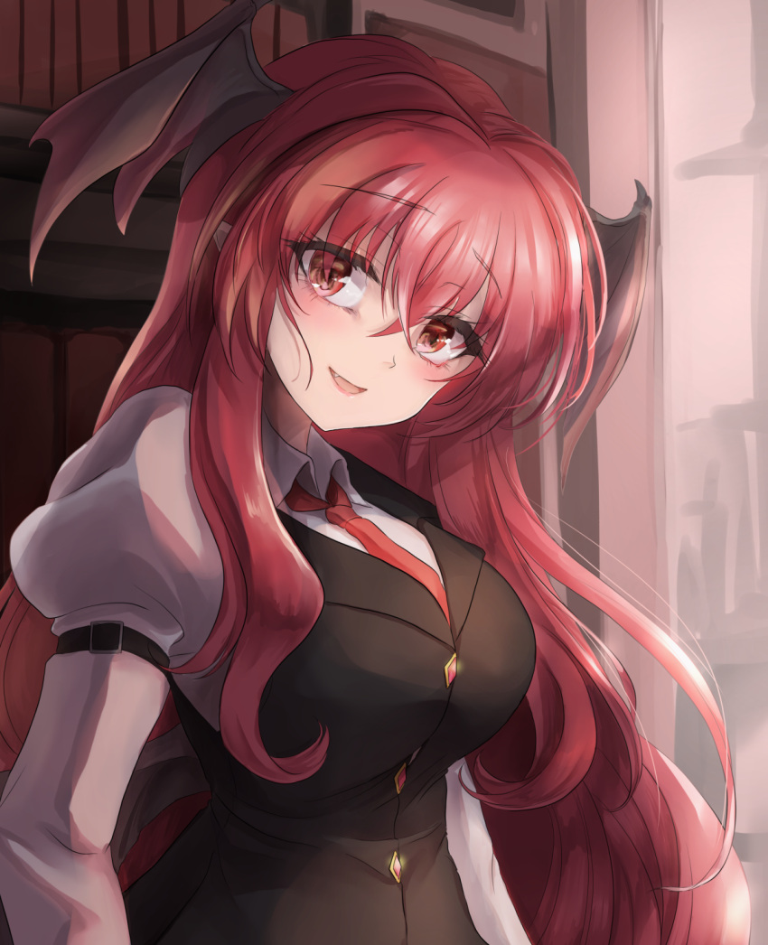1girl bat_wings black_vest blush book breasts collared_shirt demon_wings fang head_wings highres juliet_sleeves koakuma library long_hair long_sleeves looking_at_viewer namiki_(remiter00) necktie open_mouth pointy_ears puffy_sleeves red_eyes red_necktie redhead shirt sidelocks smile solo touhou vest white_shirt wings