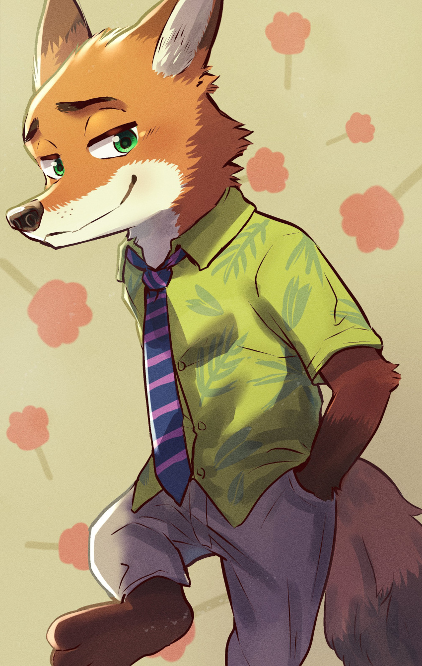 1boy absurdres animal_ears barefoot commentary disney food fox_boy fox_ears fox_tail furry furry_male gabobon05 green_eyes green_shirt grey_pants hand_in_pocket highres looking_at_viewer male_focus necktie nick_wilde pants popsicle shirt smile tail zootopia