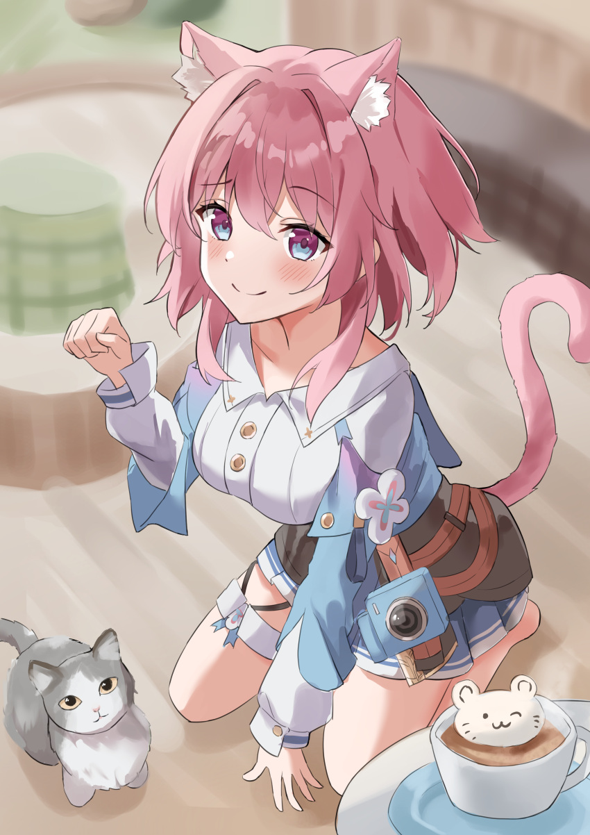 1girl absurdres animal_ear_fluff animal_ears blue_eyes blue_skirt blurry breasts cat cat_ears cat_tail closed_mouth commentary_request cup depth_of_field gradient_eyes grey_cat hand_up highres honkai:_star_rail honkai_(series) indoors k2_(kazu1030) kemonomimi_mode kneeling large_breasts long_sleeves looking_at_viewer march_7th_(honkai:_star_rail) multicolored_eyes paw_pose pink_hair pleated_skirt shirt short_hair skirt smile solo tail white_shirt