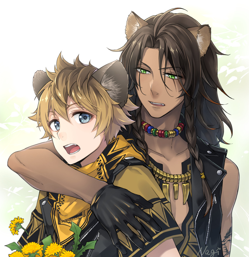 2boys animal_ear_fluff animal_ears arm_around_shoulder artist_name bandana black_gloves black_hair black_jacket blonde_hair blue_eyes braid brown_shirt collarbone commentary_request dandelion dark-skinned_male dark_skin fangs flower gloves gold_necklace green_background green_eyes hair_between_eyes highres jacket jewelry lapels leona_kingscholar lion_ears long_hair male_focus multicolored_hair multiple_boys nagiayase necklace open_clothes open_jacket open_mouth orange_bandana parted_bangs redhead ruggie_bucchi scar scar_across_eye shirt short_hair short_sleeves side_braids sidelocks simple_background sleeveless sleeveless_jacket sleeveless_shirt streaked_hair teeth tongue tooth_necklace twin_braids twisted_wonderland upper_body upper_teeth_only white_background yellow_flower zipper zipper_pull_tab