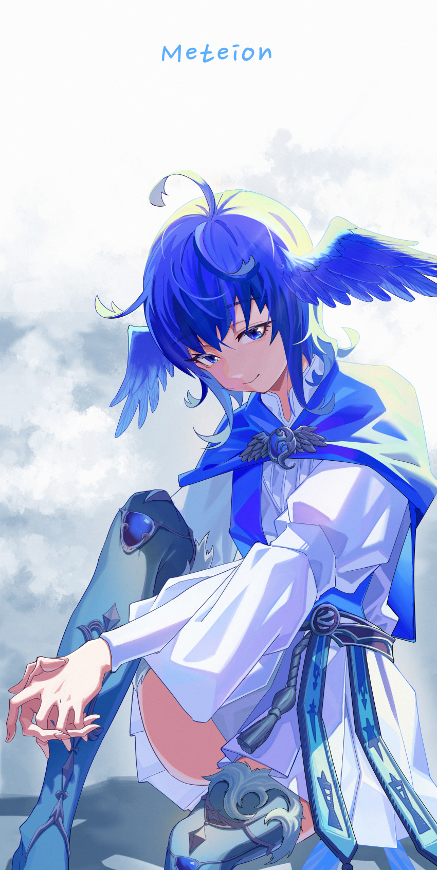 1girl absurdres ahoge bird_girl bird_legs bird_wings blue_capelet blue_eyes blue_gemstone blue_hair brooch capelet character_name collared_dress dbs&amp;n dress feathered_wings feet_out_of_frame final_fantasy final_fantasy_xiv from_side gem head_wings highres jewelry knee_up looking_at_viewer meteion monster_girl own_hands_together shadow short_hair simple_background sitting smile solo tassel white_background white_dress wings
