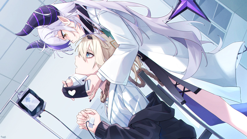2girls absurdres ahoge alternate_costume aqua_eyes black_nails blonde_hair braid braided_bangs chain closed_mouth commentary_request dutch_angle grey_hair hetero highres hololive horns infirmary iv_stand kazama_iroha la+_darknesss la+_darknesss_(1st_costume) lab_coat long_hair looking_at_another mask mouth_mask multicolored_hair multiple_girls noose open_mouth own_hands_clasped own_hands_together pointy_ears purple_hair sitting standing streaked_hair striped_horns sweater virtual_youtuber westlee_ar yellow_eyes