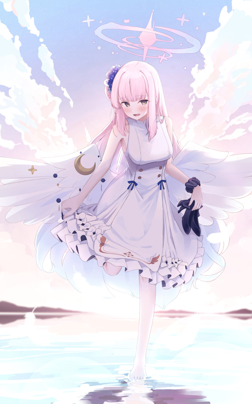 1girl absurdres angel_wings blue_archive blush daran9 dress flower frilled_dress frills full_body hair_bun hair_flower hair_ornament halo highres long_hair looking_at_viewer low_wings medium_dress mika_(blue_archive) open_mouth outdoors pink_hair pink_halo side_up_bun single_side_bun skirt_hold sky sleeveless sleeveless_dress smile solo very_long_hair wading white_dress wings yellow_eyes