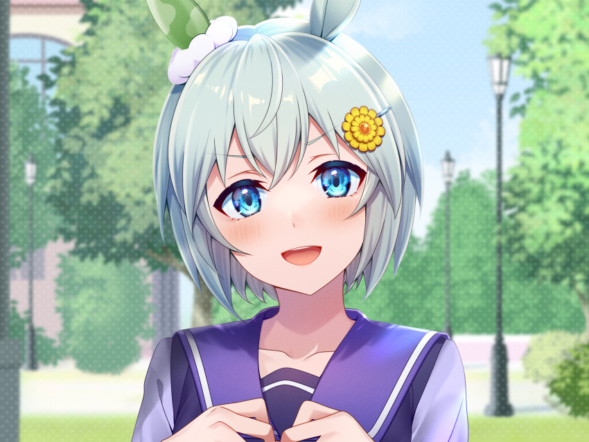 1girl animal_ears aoi_(07aoi15) aqua_eyes blue_eyes blurry blurry_background blush day hair_ornament hairclip head_tilt highres horse_ears jacket lamppost long_sleeves looking_at_viewer open_clothes open_jacket open_mouth outdoors purple_shirt round_teeth seiun_sky_(umamusume) shirt short_hair solo straight-on teeth textless_version tree umamusume upper_body upper_teeth_only