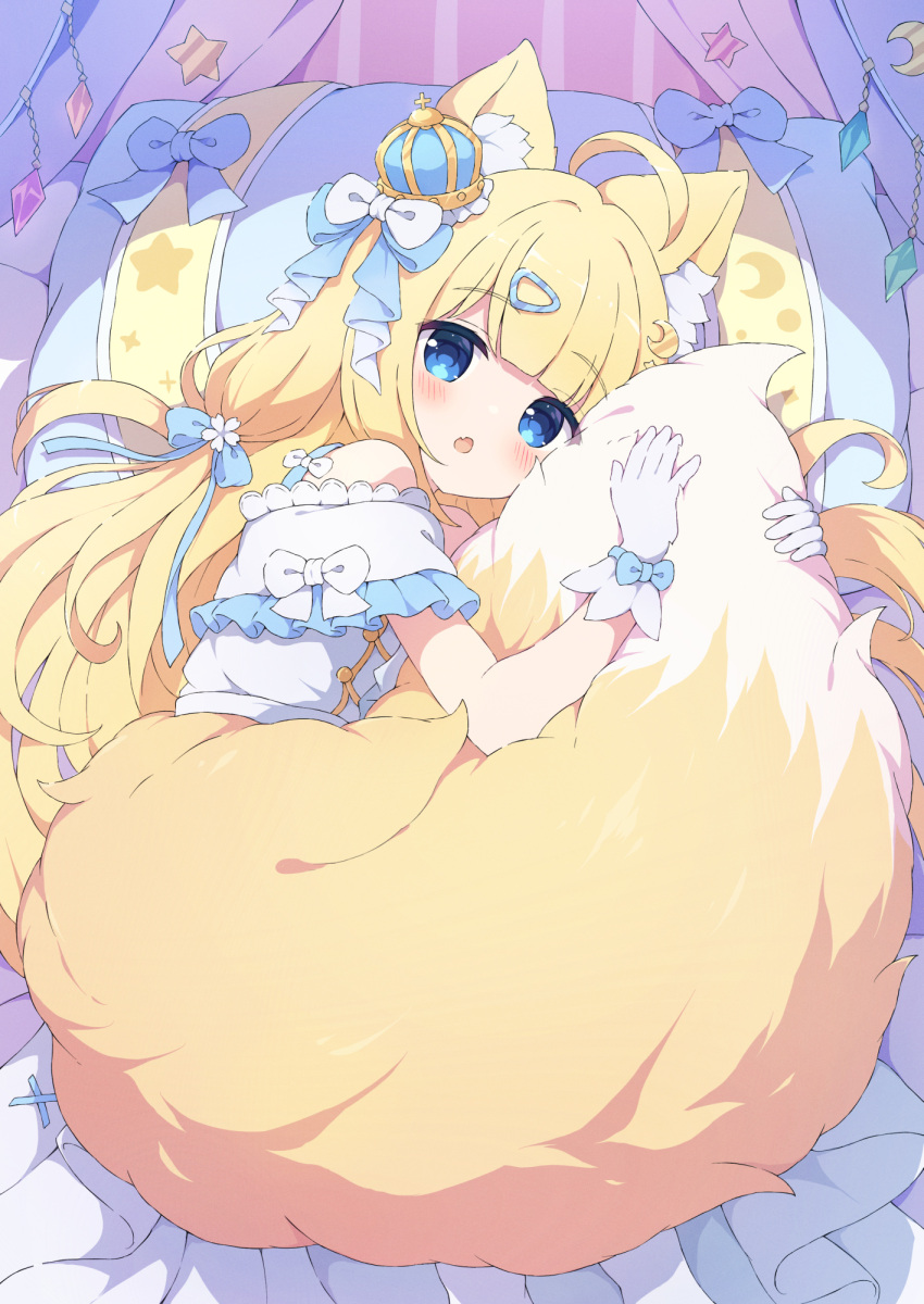 1girl animal_ear_fluff animal_ears bare_shoulders blonde_hair blue_eyes blue_ribbon blush clothing_cutout commentary_request commission crescent crescent_hair_ornament crown dress fang fox_ears fox_girl fox_tail full_body gloves hair_ornament hair_ribbon hairclip highres indie_virtual_youtuber large_tail looking_at_viewer low_twintails mini_crown open_mouth ribbon short_sleeves shoulder_cutout skeb_commission skin_fang solo tail tsukino_shimo twintails tyakomes white_dress white_gloves