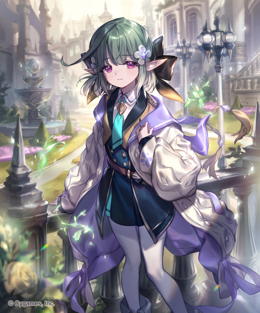 1girl aqua_necktie architecture belt belt_buckle bow buckle castelle_(shadowverse) closed_mouth collar collared_shirt day dress dress_shirt elf falling_leaves feet_out_of_frame flower fountain garden green_hair hair_bow hair_flower hair_ornament hand_on_railing highres lamppost leaf lee_hyeseung light magic necktie official_art pantyhose pointy_ears railing school_uniform shadowverse shirt short_dress short_hair solo stairs standing sweater violet_eyes white_pantyhose white_sweater