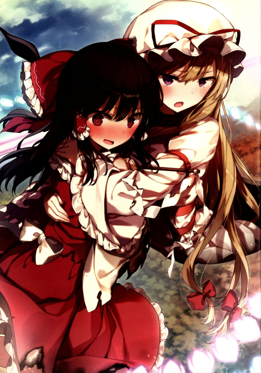 2girls @_@ absurdres back back_bow bare_shoulders black_hair blonde_hair blue_sky blush bow breasts clouds cloudy_sky danmaku day detached_sleeves dress fingernails flying frills gap_(touhou) gohei hair_between_eyes hair_bow hair_ornament hair_tubes hakurei_reimu hands_up hat hat_bow highres holding holding_gohei hug long_hair long_sleeves looking_at_viewer medium_breasts medium_hair mob_cap multiple_girls nontraditional_miko open_mouth outdoors ponytail purple_tabard red_bow red_dress red_eyes shnva sky smile sweatdrop tabard tongue torn_clothes torn_dress touhou tree v-shaped_eyebrows violet_eyes white_bow white_dress white_headwear wide_sleeves yakumo_yukari yuri