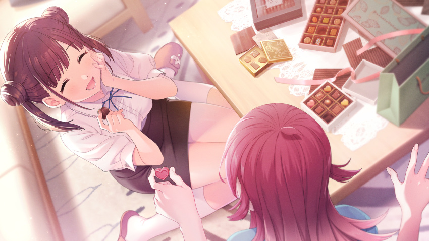 2girls ahoge bag black_skirt blue_ribbon blue_shirt box box_of_chocolates breasts brown_hair candy chocolate closed_eyes double_bun food from_above gift hair_bun hand_on_own_cheek hand_on_own_face heart heart-shaped_chocolate highres holding holding_chocolate holding_food idolmaster idolmaster_shiny_colors idolmaster_shiny_colors_song_for_prism indoors kneehighs komiya_kaho long_hair multiple_girls official_art open_box open_mouth pencil_skirt pink_ribbon redhead ribbon shirt shopping_bag short_twintails sidelocks sitting skirt smile socks sonoda_chiyoko sunlight sweets table twintails white_socks