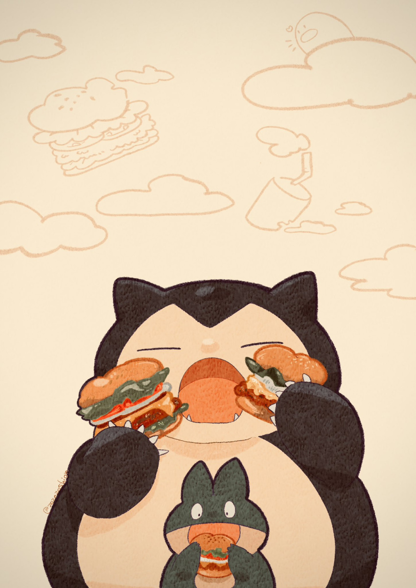 animal_focus burger claws clouds commentary diglett eating evolutionary_line fangs food heart highres munchlax no_humans open_mouth pokemon pokemon_(creature) snorlax symbol-only_commentary white_background zozozoshion
