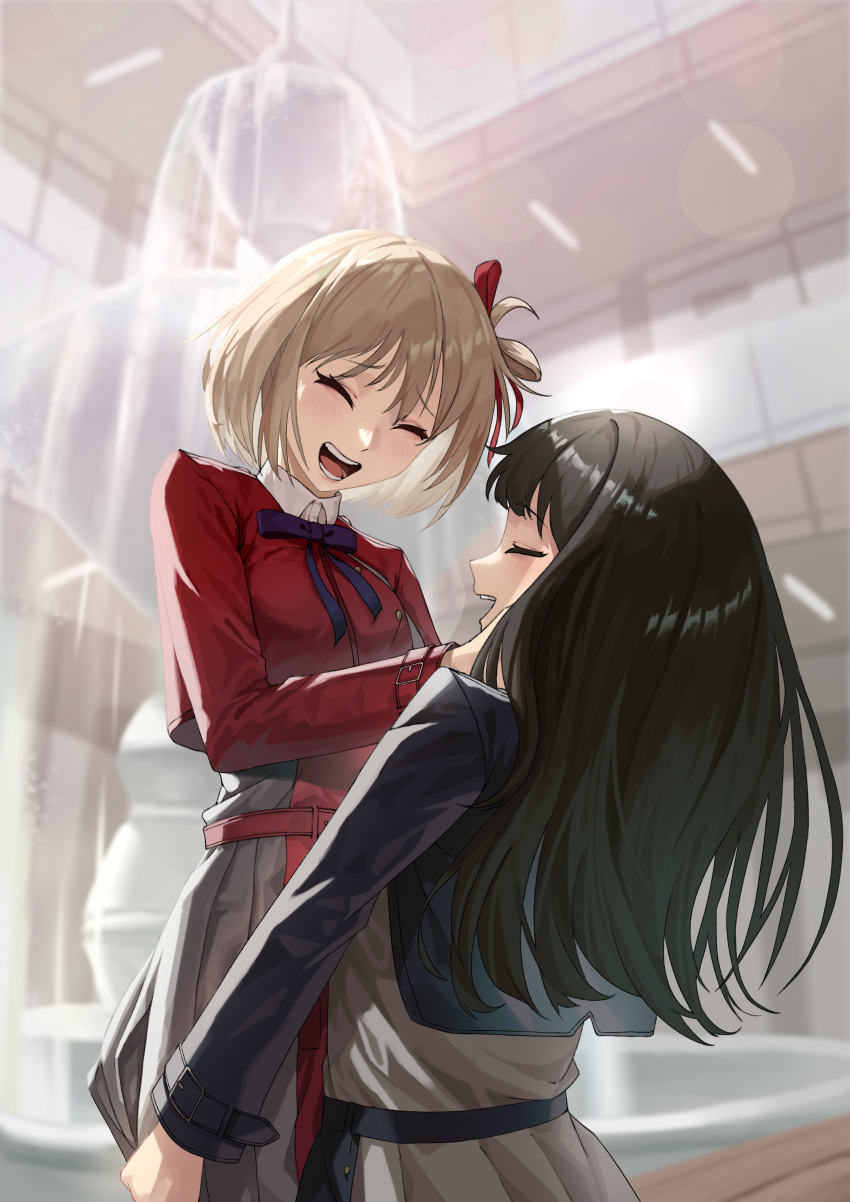 2girls absurdres alfie_(artist) belt black_hair blue_jacket blurry blurry_background bokeh bow bowtie breasts brown_hair closed_eyes collared_shirt depth_of_field dress fountain grey_dress highres indoors inoue_takina jacket laughing lifting_person long_hair long_sleeves lycoris_recoil multiple_girls nishikigi_chisato open_mouth red_jacket shirt short_hair small_breasts smile standing upper_body white_shirt