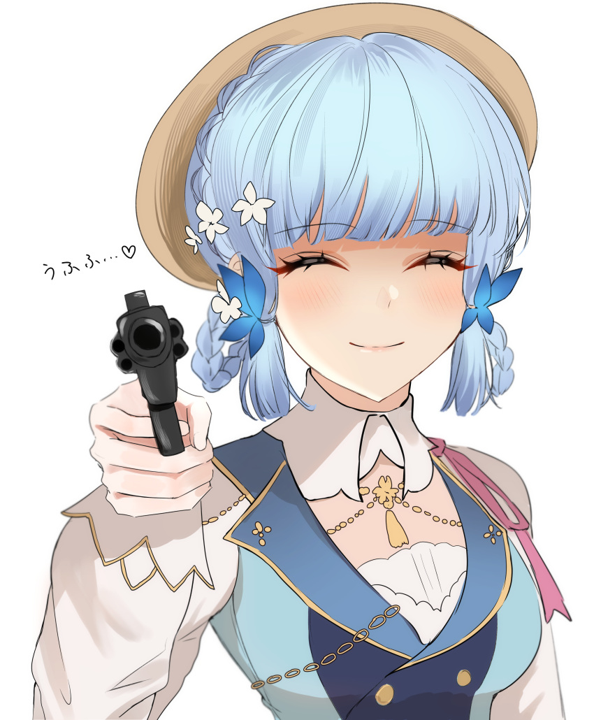 1girl absurdres aiming aiming_at_viewer blue_hair blunt_bangs braid breasts brown_headwear butterfly_hair_ornament closed_eyes closed_mouth collar commentary_request flower genshin_impact gun hair_flower hair_ornament hair_up highres holding holding_gun holding_weapon kamisato_ayaka kamisato_ayaka_(springbloom_missive) light_blue_hair light_blush long_sleeves medium_breasts official_alternate_costume simple_background smile solo translated weapon white_background white_collar yaduki100