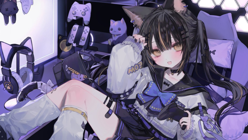 1girl animal_ears bandaid bandaid_on_leg black_hair blue_bow blue_bowtie blush bow bowtie cat_ears chair choker controller game_controller hand_up holding holding_controller holding_game_controller indie_virtual_youtuber indoors long_hair looking_at_viewer monitor multicolored_hair null1040 on_chair sitting socks solo stuffed_animal stuffed_toy table twintails white_socks yellow_eyes