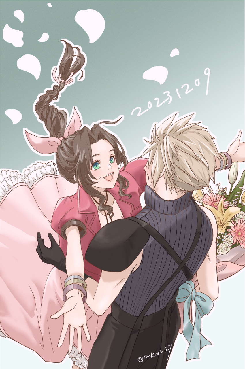 1boy 1girl absurdres aerith_gainsborough aqua_ribbon armor bangle black_cape black_gloves blonde_hair bouquet bracelet braid braided_ponytail brown_hair cape choker cloud_strife cowboy_shot cropped_jacket dated dress falling_petals final_fantasy final_fantasy_vii final_fantasy_vii_advent_children final_fantasy_vii_rebirth final_fantasy_vii_remake gloves gradient_background green_eyes grey_shirt hair_ribbon highres holding holding_bouquet jacket jewelry light_blush long_dress long_hair looking_at_another makiron open_mouth outstretched_arms petals pink_dress pink_ribbon puffy_short_sleeves puffy_sleeves red_jacket ribbon shirt short_hair short_sleeves shoulder_armor single_bare_shoulder single_braid single_shoulder_pad sleeveless sleeveless_shirt smile spiky_hair twitter_username upper_body waist_cape