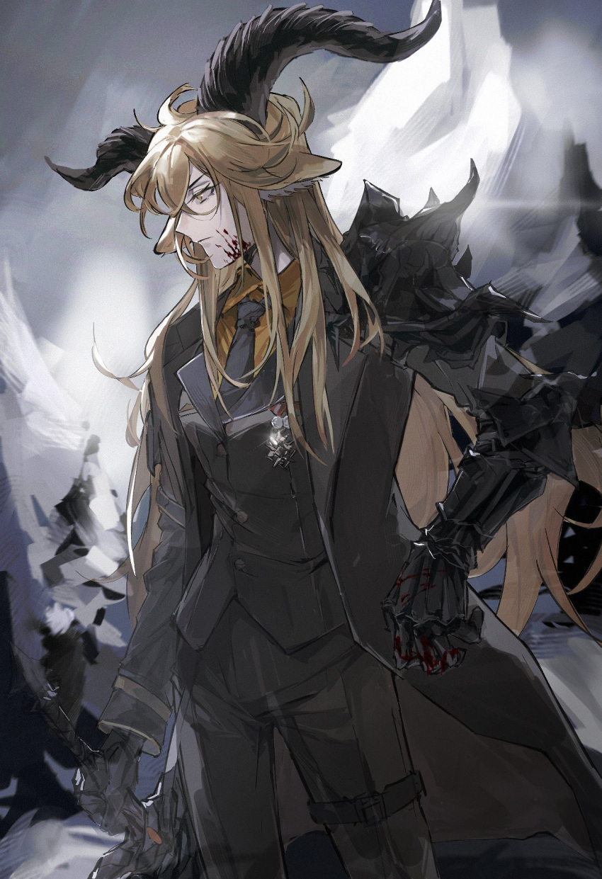 1girl afkonxmikasa animal_ear_fluff animal_ears arknights arm_strap armor asymmetrical_sidelocks belt belt_buckle black_belt black_coat black_gloves black_jacket black_necktie black_pants black_straps blonde_hair blood blood_on_cheek blood_on_clothes blood_on_face blurry blurry_background breast_pocket brown_horns buckle buttons closed_mouth coat collared_shirt commentary cowboy_shot crossed_bangs day degenbrecher_(arknights) depth_of_field dress_shirt dutch_angle expressionless eyelashes film_grain gauntlets glint gloves goat_ears goat_girl goat_horns grey_sky hair_between_eyes hair_flowing_over hatching_(texture) highres holding holding_sword holding_weapon horns jacket lapels linear_hatching long_bangs long_hair long_sleeves looking_to_the_side mature_female medal messy_hair metal metal_gloves military military_jacket military_uniform mountain mountainous_horizon necktie notched_lapels open_clothes open_coat orange_shirt outdoors pale_skin pants parted_bangs pauldrons pocket profile shadow shirt shoulder_armor sidelocks single_gauntlet single_pauldron single_shoulder_pad sky snow solo spiked_pauldrons standing sword thigh_belt thigh_strap uniform very_long_hair weapon wing_collar yellow_eyes