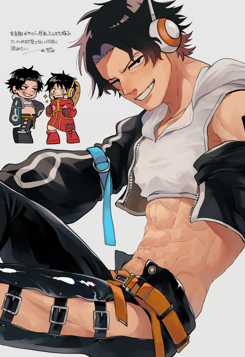 2boys abs belt black_hair blush_stickers brothers clenched_hands coat crop_top cropped_hoodie diamond-shaped_pupils diamond_(shape) freckles gloves grey_background grin headphones highres hood hoodie jacket kameoka908 leather leather_pants male_focus monkey_d._luffy multiple_boys navel one_piece open_clothes open_jacket pants portgas_d._ace scar siblings side_slit simple_background sitting smile symbol-shaped_pupils toned toned_male zipper zipper_pull_tab