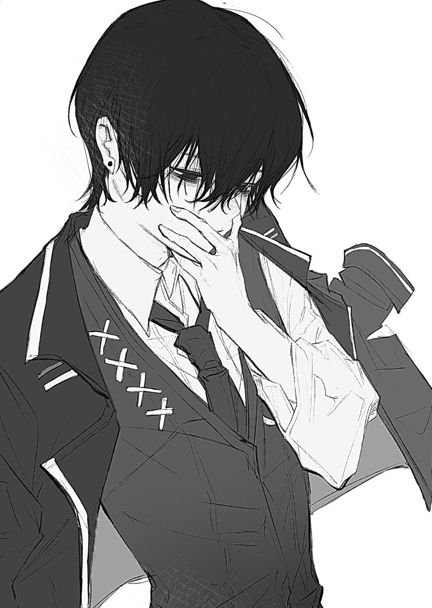 1boy coat coat_on_shoulders collared_shirt greyscale hand_up highres limbus_company long_sleeves male_focus monochrome necktie project_moon shirt simple_background solo sona_(lnjixn) upper_body vest yi_sang_(project_moon)