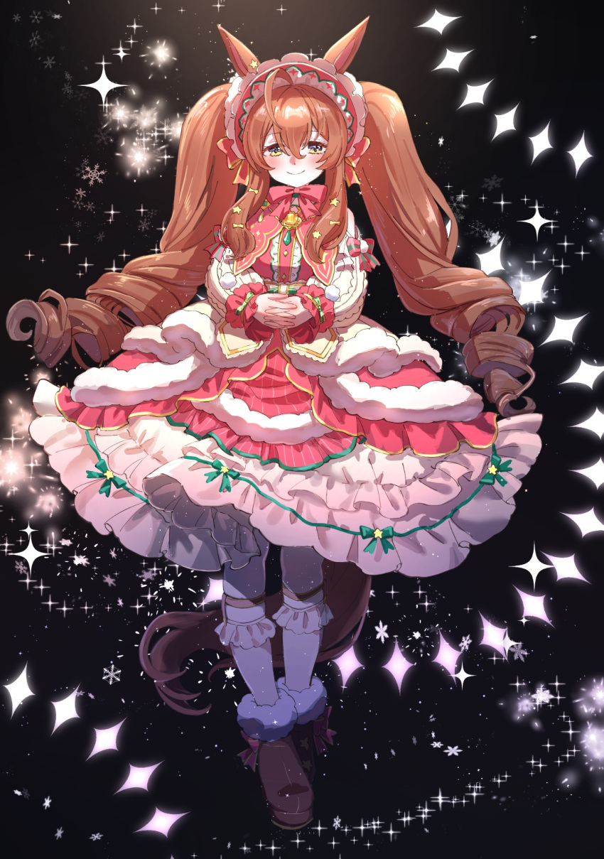 1girl animal_ears blush bobby_socks bonnet boots bow bowtie brown_footwear brown_hair center_frills closed_mouth commentary diffraction_spikes dress frills full_body fur-trimmed_boots fur_trim highres horse_ears horse_girl horse_tail layered_dress legwear_garter long_hair long_sleeves mejiro_bright_(umamusume) nayuta_ggg own_hands_together pink_dress smile snowflakes socks solo symbol-only_commentary tail twintails umamusume white_socks yellow_eyes