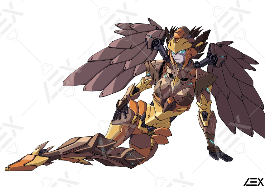 1girl absurdres airazor beast_wars blue_eyes breasts curvy feathered_wings helmet highres humanoid_robot lextodrawstuff medium_breasts robot robot_girl simple_background solo transformers watermark white_background wings