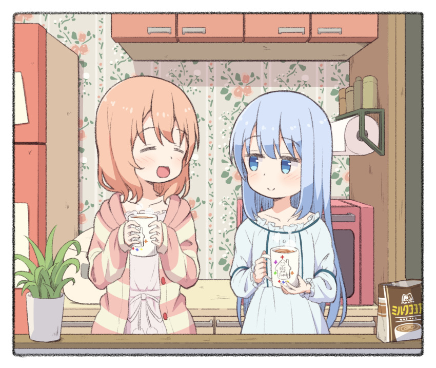 2girls bag blue_eyes blue_hair blue_nightgown buttons closed_eyes closed_mouth cocoa_powder commentary counter cup cupboard flat_chest floral_print gochuumon_wa_usagi_desu_ka? holding holding_cup hot_chocolate hoto_cocoa jacket kafuu_chino light_blue_hair light_blush long_hair long_sleeves looking_at_another loungewear mohei mug multiple_girls nightgown open_mouth orange_hair paper_roll pink_nightgown plant pom_pom_(clothes) potted_plant refrigerator short_hair sidelocks sleeves_past_wrists smile standing steam striped striped_jacket upper_body wallpaper_(object)
